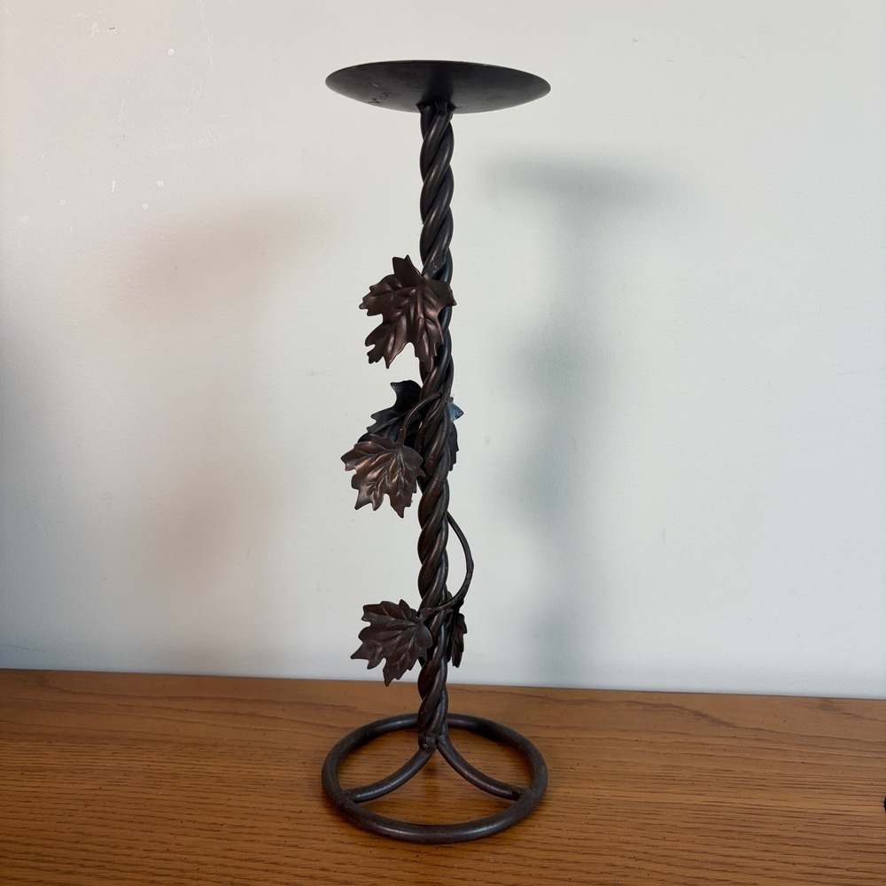 Vintage Wrought Iron Pillar Candle Holder Twisted Stem Maple Leaf Bronze Finish
